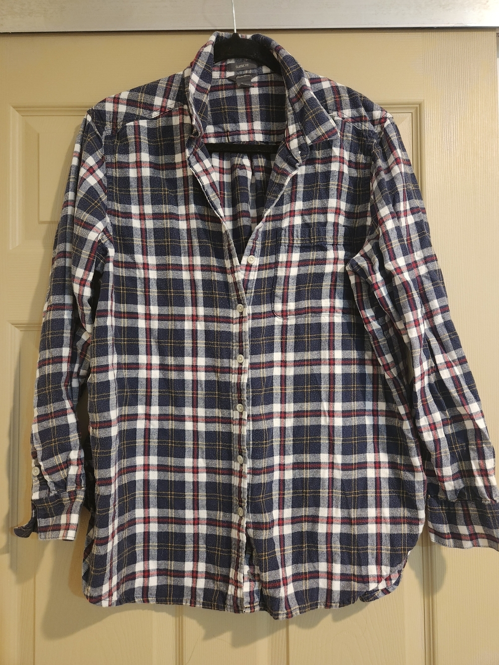 Eddie Bauer Navy & White Plaid Button-Up Shirt WOMENS Size XL